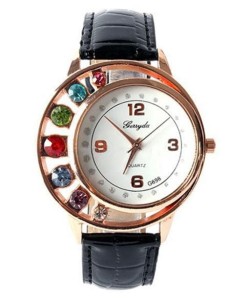 ZEGAREK DAMSKI - GERRYDA, CZARNY PASEK, KOLOROWE CYRKONIE, ŚLICZNY